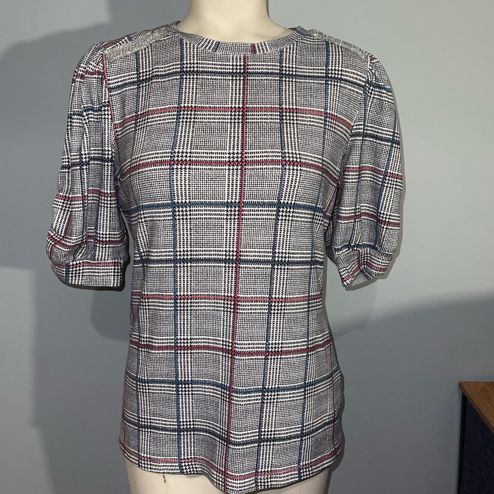 Como Blu Plaid Puff Sleeve Top with rhinestones on shoulder blouse shirt small